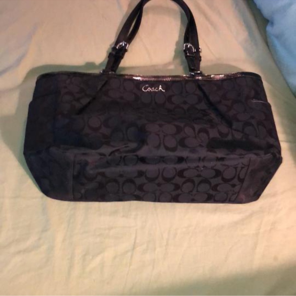 Authentic Coach tote with black iconic logos and black leather trim. - Picture 8 of 13